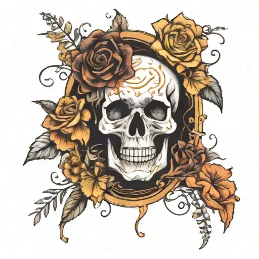 A Surreal Composition Of A Skull Surrounded By Blooming Roses And Marigolds