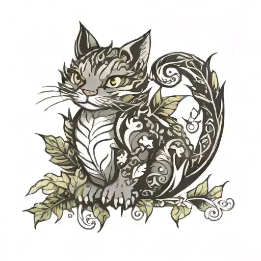 Cat Dragon With Leafs And Birds