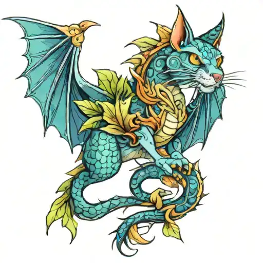 Cat Dragon With Leafs And Birds