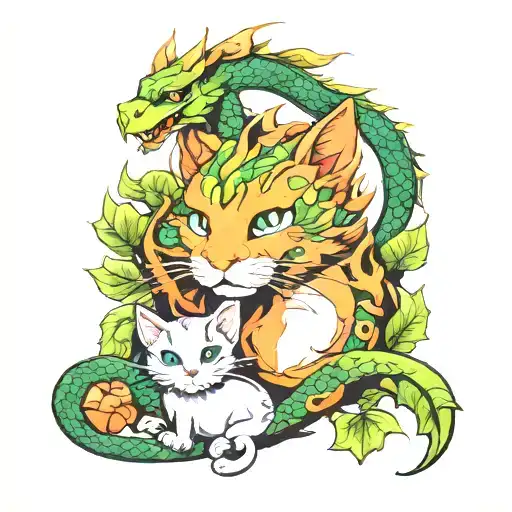 Cat And Dragon With Leafs And Birds