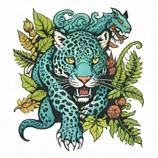Gothic Jaguar And Dragon With Leafs And Ferns