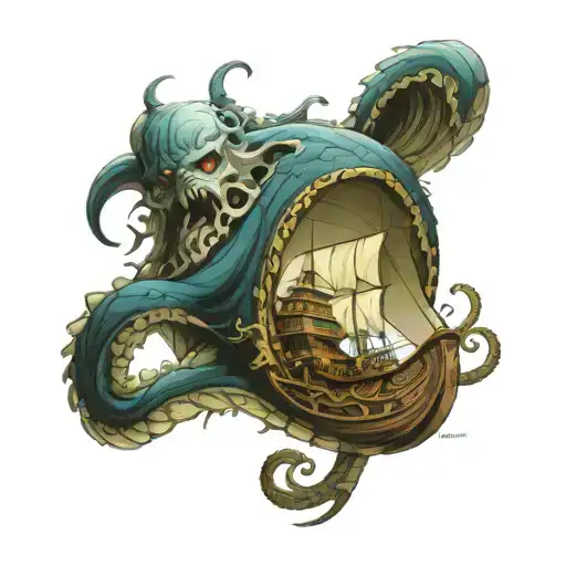 Galeon And Kraken Emerging From The Depths