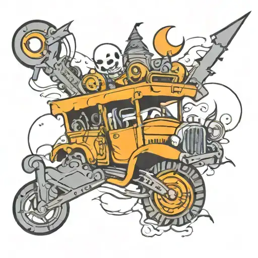A Mechanic-themed Tattoo Featuring A Spooky Halloween Scene With A Haunted Car And Ghostly Tools