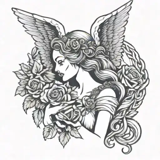 Angel Wings Woman With Tear Holding Roses And Wreath Entwined With Chain