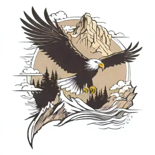 Mountain Lake With Eagle Flying