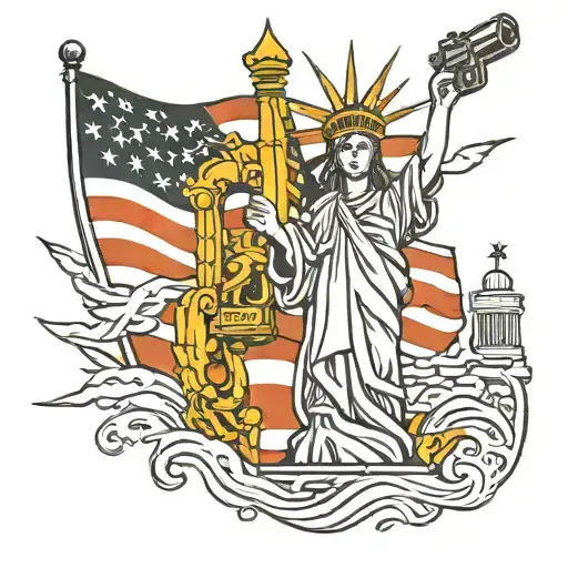 American Flag Behind The Statue Of Liberty Holding A Gun