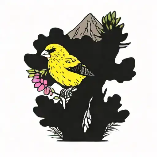 Saguaro Cactus With A Golden Finch Bird And Mountain Laurel Flowers