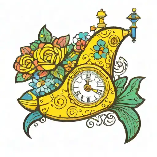Yellow Submarine With Colorful Flowers And Clock
