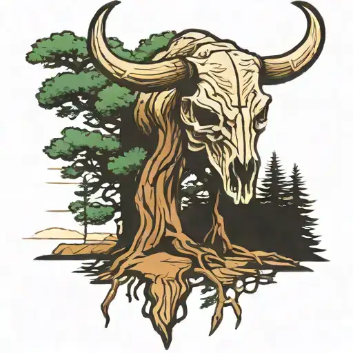 Bull Skull Under Pine Tree