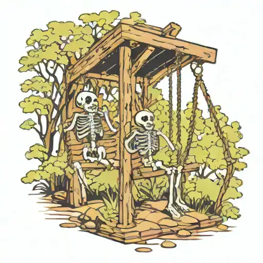 Skeletons On Swings In Forest Scene