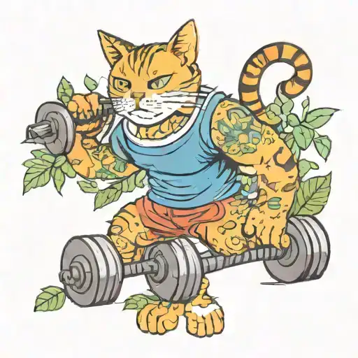 A New-school Tattoo Of A Cat Lifting Weights In A Garden Of Plants