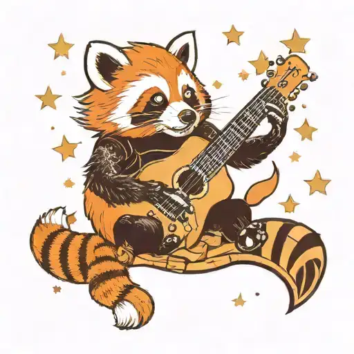 A Red Panda Playing A Ukulele Under A Starry Sky Filled