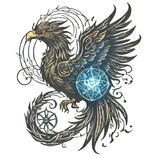 A Phoenix And Deathly Hallows Symbol Intertwined In A Cosmic Design