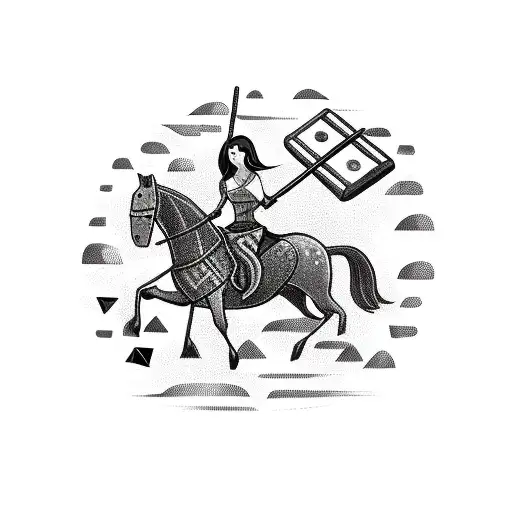 Woman Holding An Ax And A Shield With A Cross On It While On Mythical Horse Riding Over A Sunset