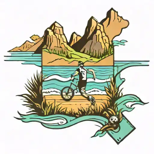 An Ocean Scene With A Soccer Field On The Shore And A Mountain Biker In The Distance