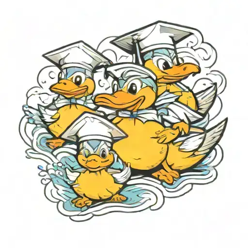 A Traditional Tattoo Of A Group Of Ducks Wearing Graduation Caps