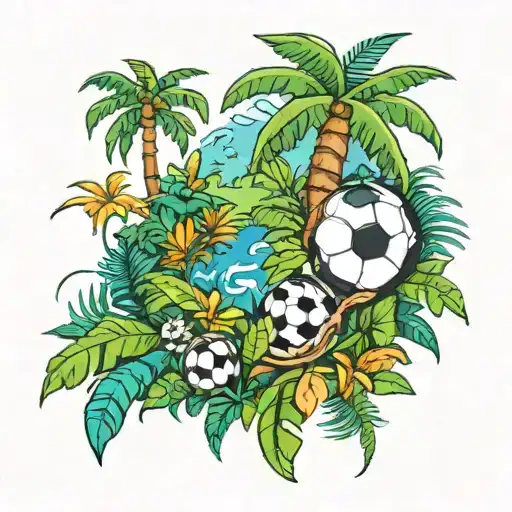 A New-school Design Of A Tropical Jungle Scene With A Soccer Ball Hidden Among The Foliage