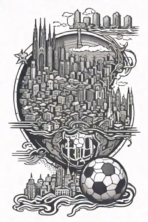 A Realistic Black And White Tattoo Of A Barcelona Skyline With A Hidden Soccer Ball In The Design