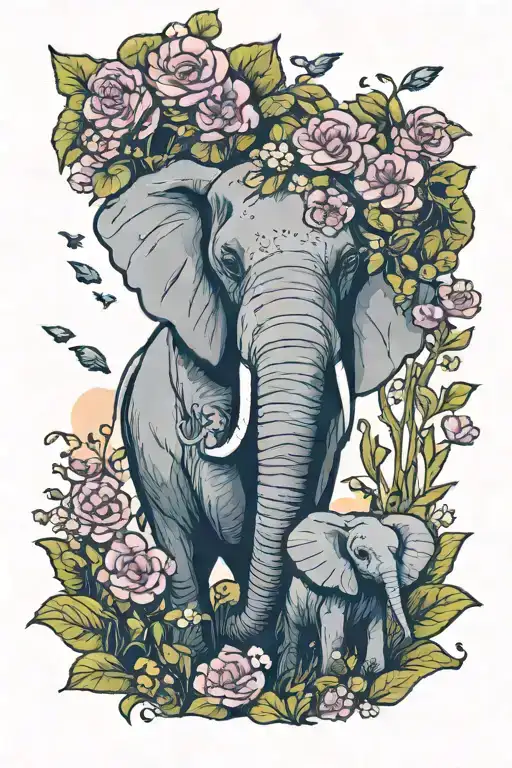 A Whimsical Garden Scene With A Mother Elephant And Her Baby Surrounded By Blooming Flowers