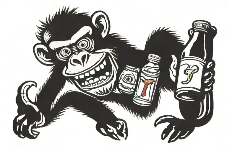 Serfing Monkey On A Beer Bottle Holding A Monser Can And A 100Ml Vodka Bottle Tattoo Desig