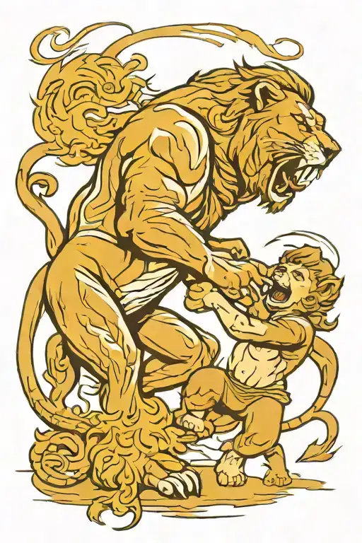 Dad And Son Together Fighting Against Lions