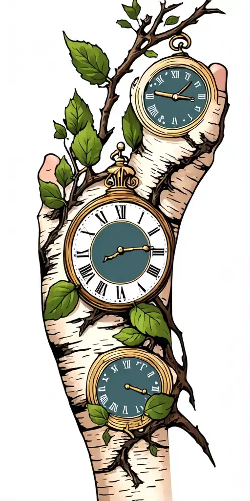 Birch Branches With Hunter Green Leaves With Only Three Clocks Integrated Into It For An Arm Sleeve