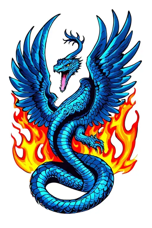 Cobra With Phoenix Wings Rising From Flames