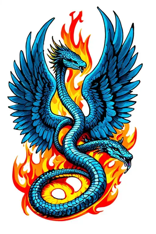 Cobra With Phoenix Wings Rising From Flames