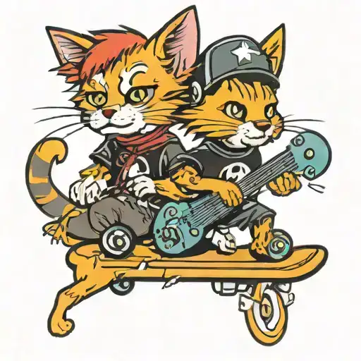 A Tattoo Design Combining A Cat And Dog In A Punk Rock Style With Elements Of Skateboarding