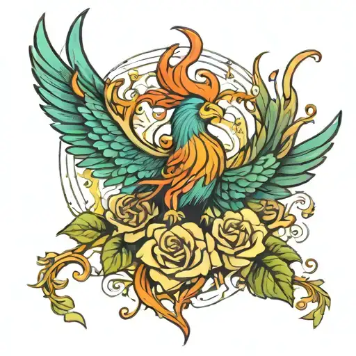 A Rising Phoenix Surrounded By Roses And Vines
