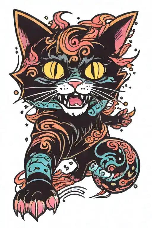 Magic Colourful Star Sparkling Twilight Waves Japanese Style Evil Cat Running