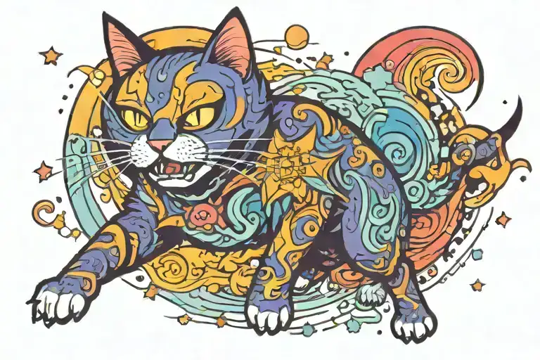 Magic Colourful Star Sparkling Twilight Waves Japanese Style Evil Cat Running In The Fog