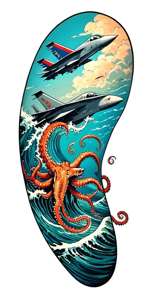 Nautical Sleeve With An F-18 On The Shoulder Above The Waves With A Kraken Underwater