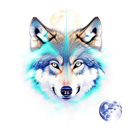 Holwing Wolf With Blue Eyes In Dark Forest With Moon