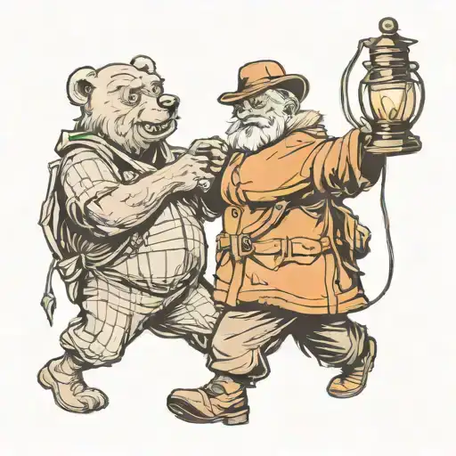 Old Man With Bear Holding A Lantern Shining Light
