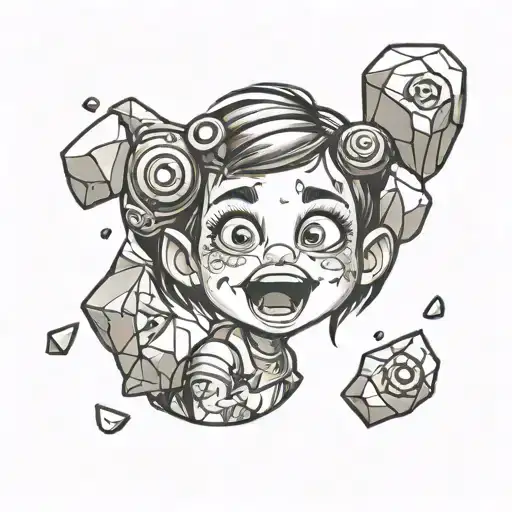 A Playful Tattoo Design Of A Little Girl With Big Eyes Laughing Joyfully Surrounded By Rock Elements
