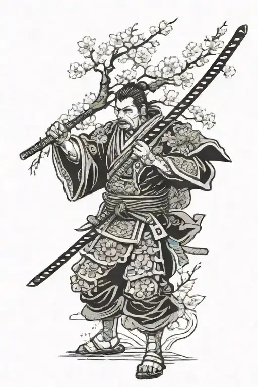 A Samurai Stands Against The Background Of A Sakura Tree Behind His Back