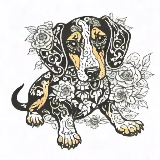 Dashchund Piebald Black White And Tan With Black Ticking Floral Female