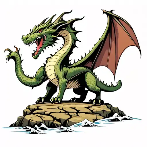 Dragon Standing On A Rock In A Valley Protecting Something