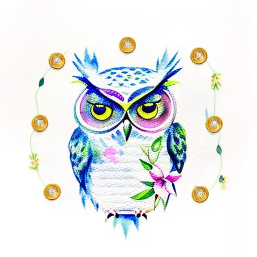 Watercolor Owl With Pockets Watch On Chain Surrounded By Lilies