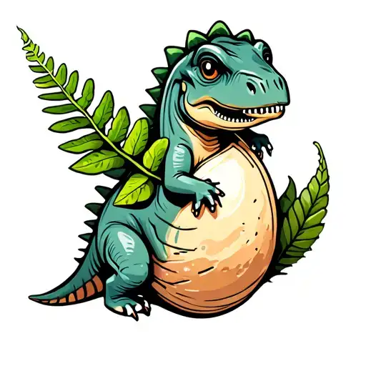 Baby Dinosaur In Egg Holding A Fern Leaf