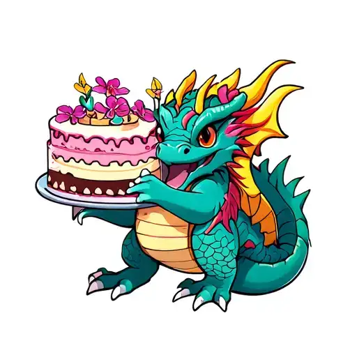 Colorful Dragon Holding A Cake With Orchid Embellishments