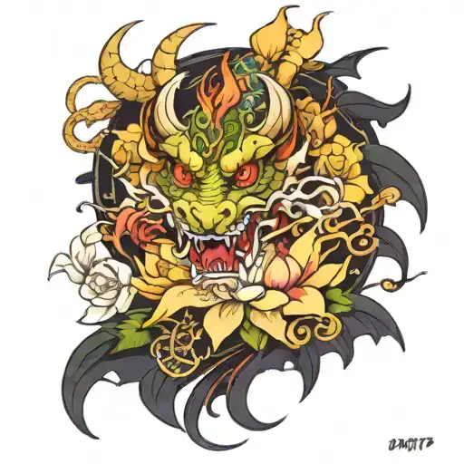 Dragon Japones Con Flores De Loto