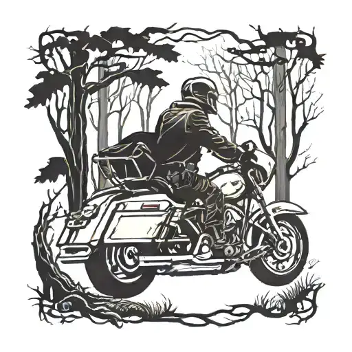 A Ghostly Silhouette Of A Harley Road Glide Motorcycle Riding Through A Haunted Forest