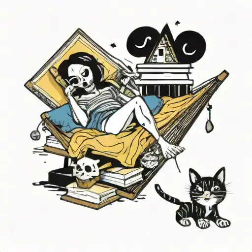 Human Woman Skelton In A Hammock Outdoors Night And A Cat Skelton On A Stack Of Books On The Ground