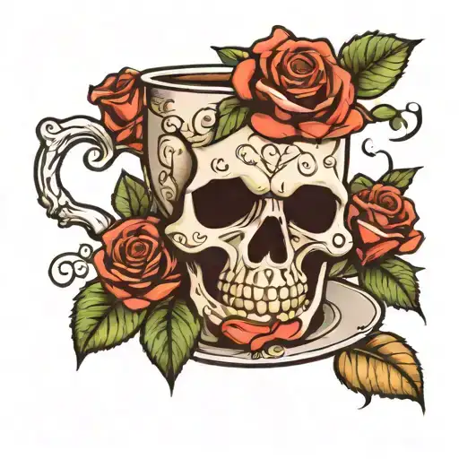 A Coffee Cup With A Skull And Roses Design