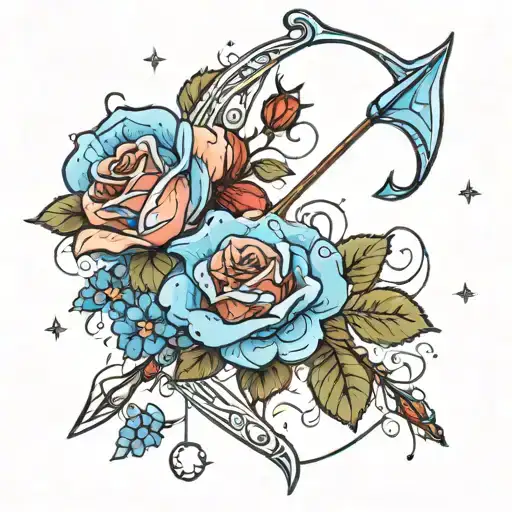 Bow And Arrow With Red Rose And Blue Forget Me Not Flowers With Pisces And Cancer Constellation