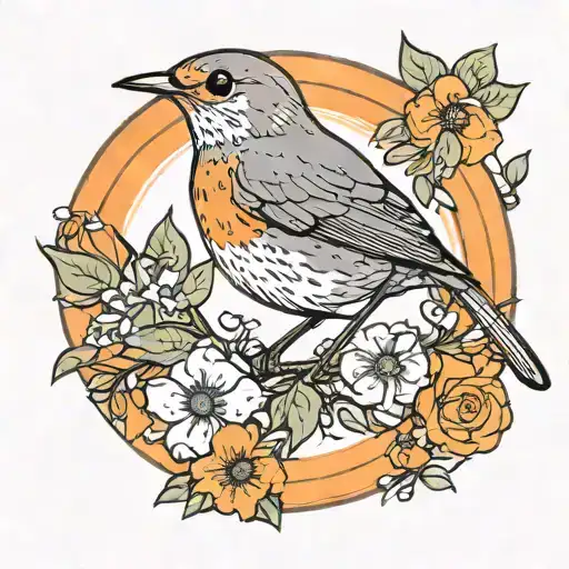 Robin Bird And Flowers In Front Of Orange Circle