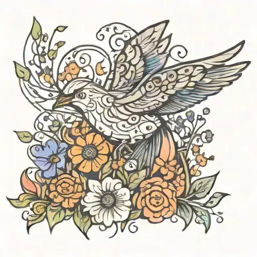 An Abstract Design Of A Bird Flying Through A Field Of Flowers