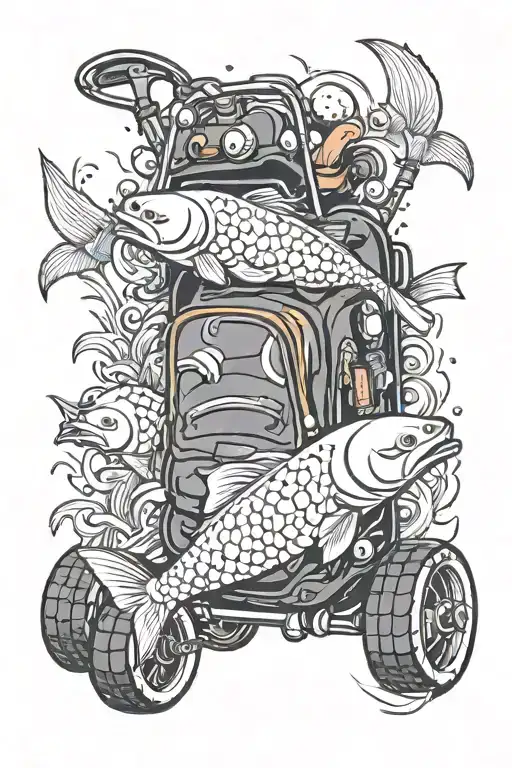 A Golf Bag Overflowing With Koi Fish Swimming Around Sport Car Wheels